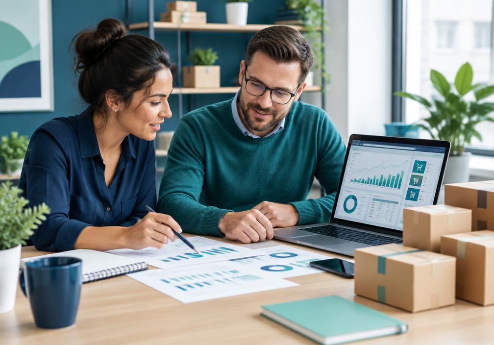 Ecommerce founder and accountant reviewing multichannel financial reports