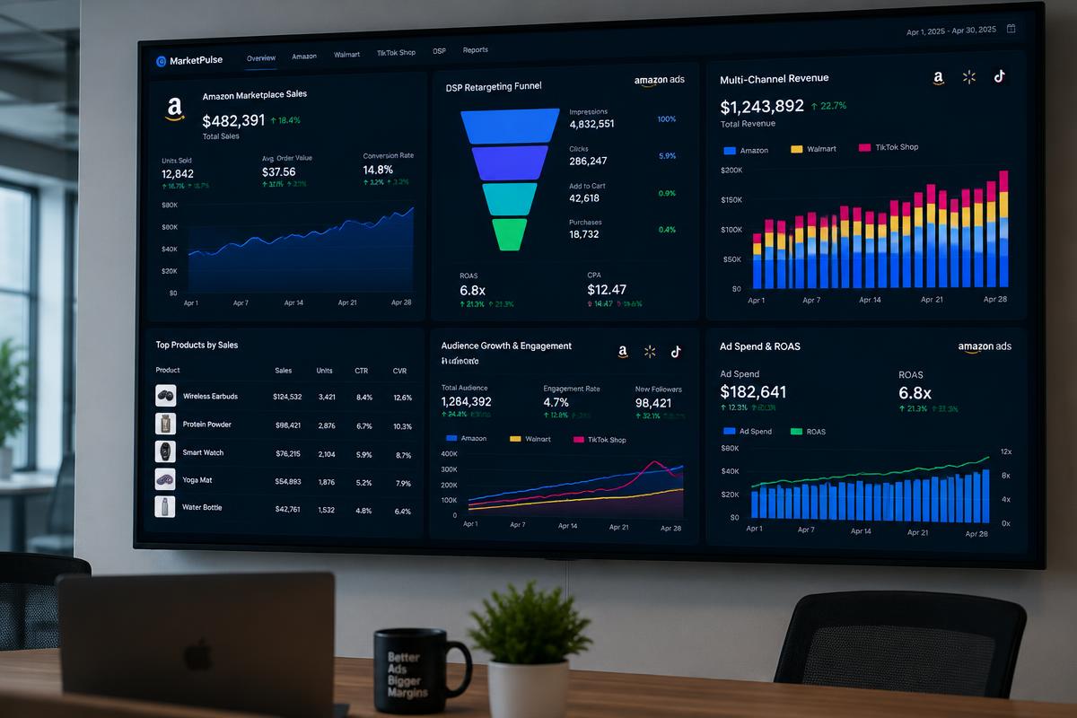 Multi-channel revenue dashboard across Amazon, Walmart and TikTok Shop