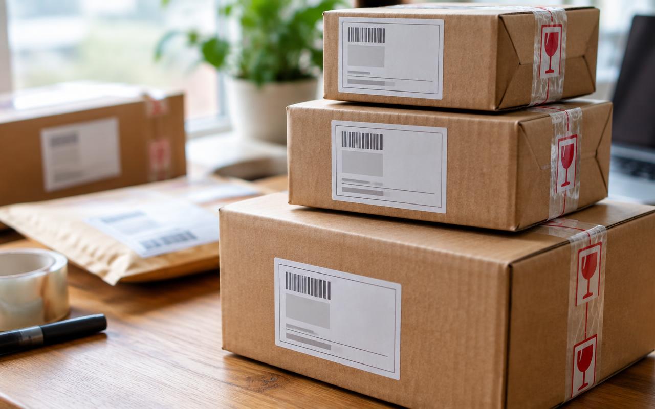 Stacked ecommerce parcels with shipping labels