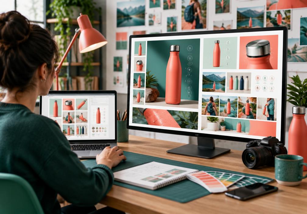 Designer creating an Amazon listing image gallery and A+ Content