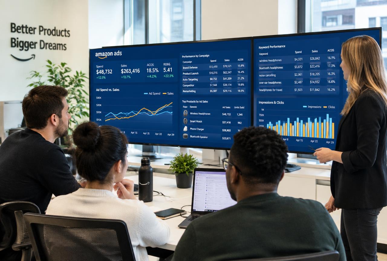 Agency team reviewing Amazon advertising performance