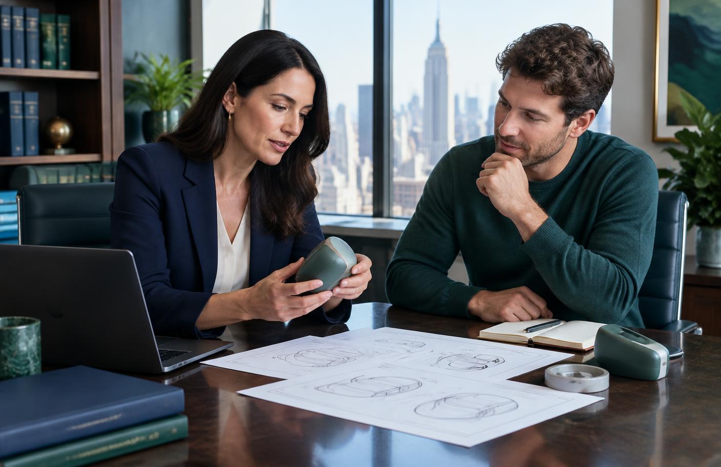 Attorney reviewing a product prototype and patent drawings with an entrepreneur