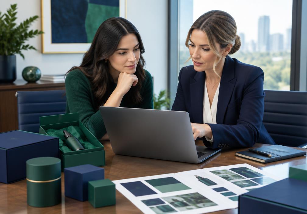 Ecommerce founder reviewing packaging and trademark protection with an attorney